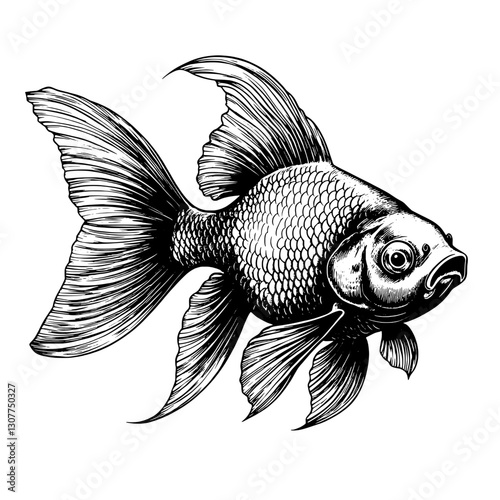 Intricate engraved illustration of a goldfish swimming gracefully in a serene aquatic environment