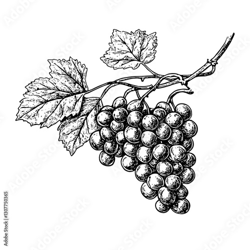 Intricate engraved illustration of a grapevine showcasing detailed clusters of grapes and leaves in delicate lines