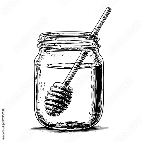 Crafting sweetness with a honey jar and dipper in an elegant engraved design