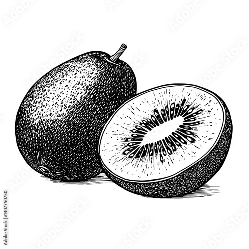 Engraved illustration showcasing a halved kiwi fruit and its whole counterpart on a rustic surface