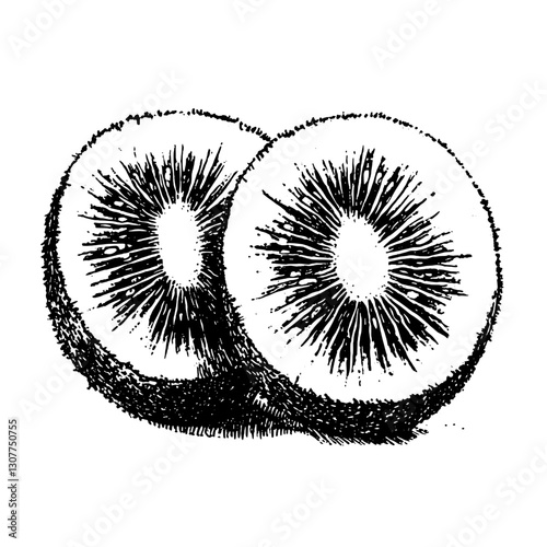 Engraved illustration of kiwi fruit showcasing intricate details and textures, perfect for botanical design enthusiasts