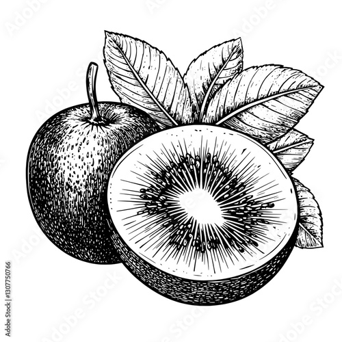 Engraved illustration of fresh fruits showcasing a whole and halved kiwi along with a textured apple surrounded by lush leaves