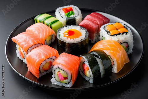 A platter of assorted sushi, including nigiri, maki rolls, and sashimi, with vibrant colors and glossy fish slices. photo
