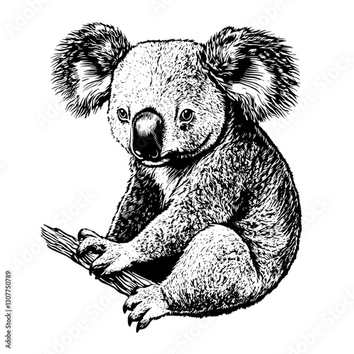 Engraved illustration of a cuddly koala perched on a branch in a whimsical forest setting