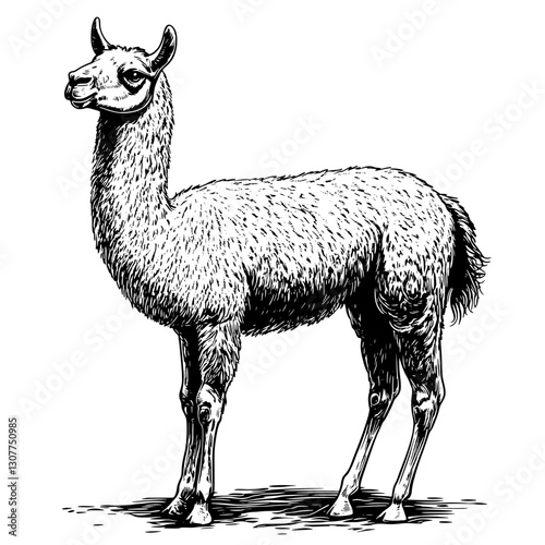 Engraved illustration of a majestic llama standing gracefully in a natural setting
