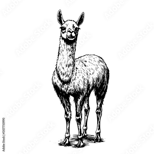 Engraved illustration of a llama standing proudly in a minimalistic style