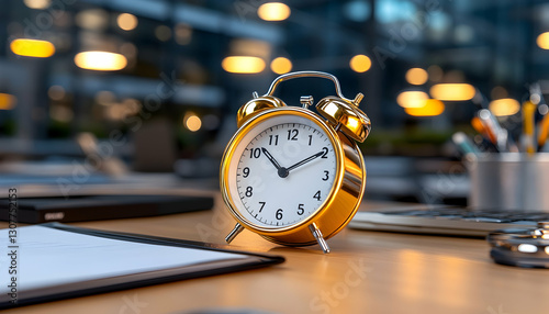 Golden alarm clock on desk, office night scene; time management concept, website banner