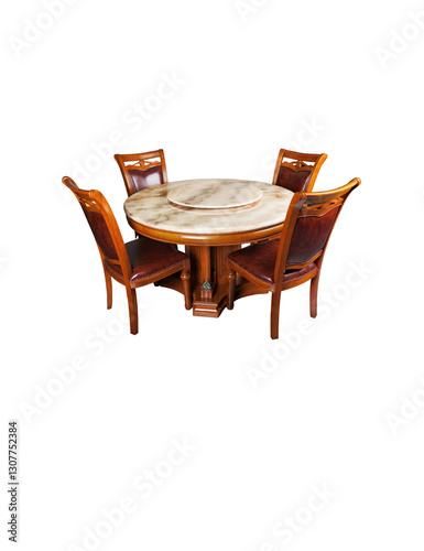 Full indoor shot of a round, marble-topped dining table with four matching chairs
