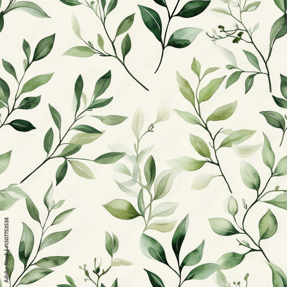 Botanical watercolor pattern with soft green leaves on a light background Botanical watercolor pattern with soft green leaves on a light background