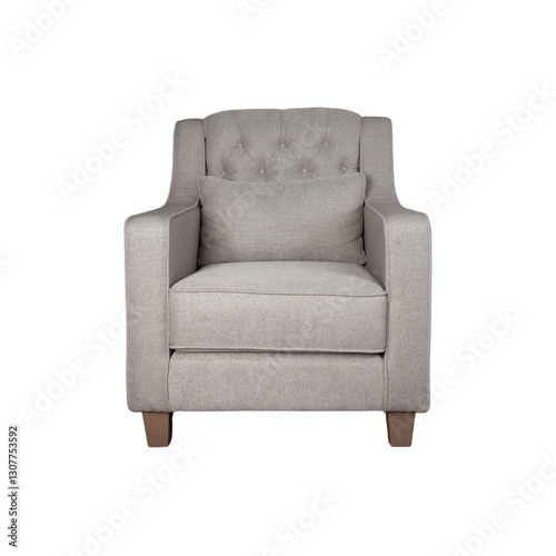Full shot of a light gray upholstered armchair