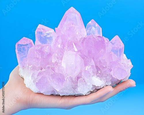 Hand holding pink quartz cluster against a blue background; perfect for websites, blogs, or crystal healing publications photo