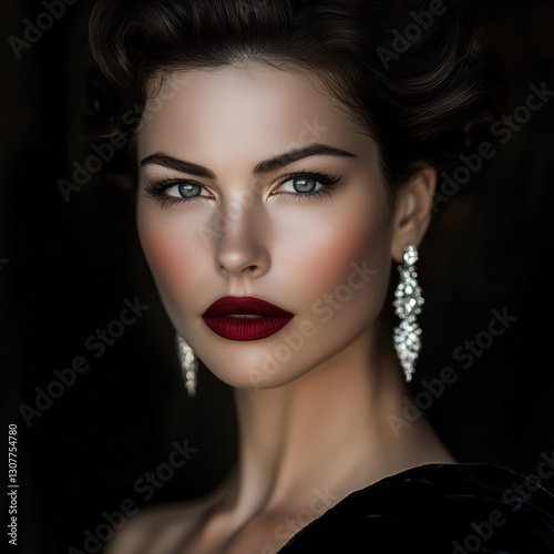 A glamorous woman with deep red lips, sparkling diamond earrings, and an elegant black velvet dress. Her confident gaze and flawless beauty create a timeless high-fashion portrait.