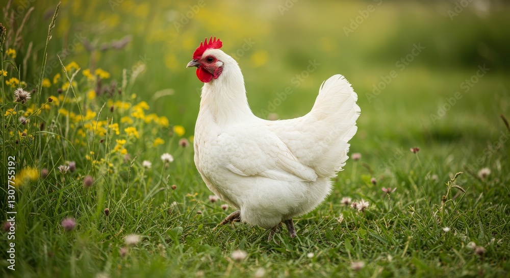 White Hen in Green Field - A pristine white hen stands serenely in a vibrant green field dotted with yellow wildflowers White Hen in Green Field - A pristine white hen stands serenely in a vibrant green field dotted with yellow wildflowers