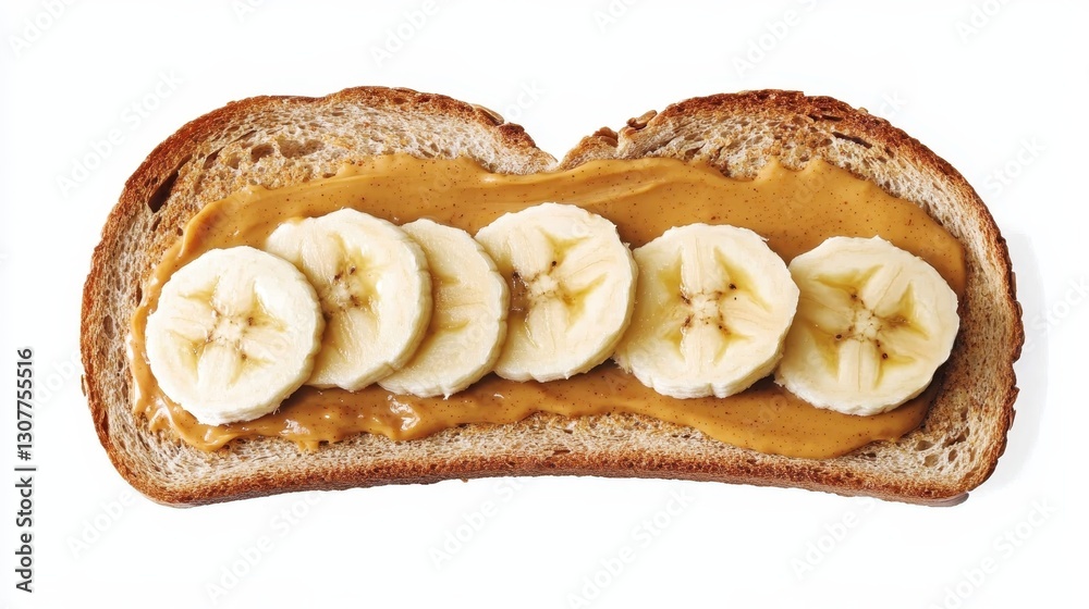 Fototapeta premium Ripe banana slices layering creamy peanut butter atop whole wheat toast, delivering wholesome energy for breakfast or quick midday refueling