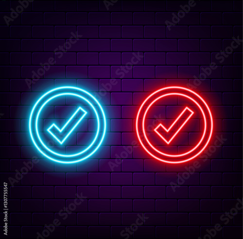 Neon-style checkmark. Purple checkmark. Retro sign with glowing neon vector illustration