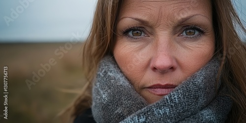 A woman stands in a natural setting, her serious expression highlighted by a warm scarf wrapped around her neck. The cloudy sky creates a moody atmosphere, emphasizing her thoughtful demeanor