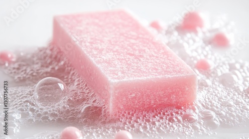 Soft pink soap bar nestled on fluffy white foam, accompanied by delicate bath beads, conveying serene cleansing and self care moment photo