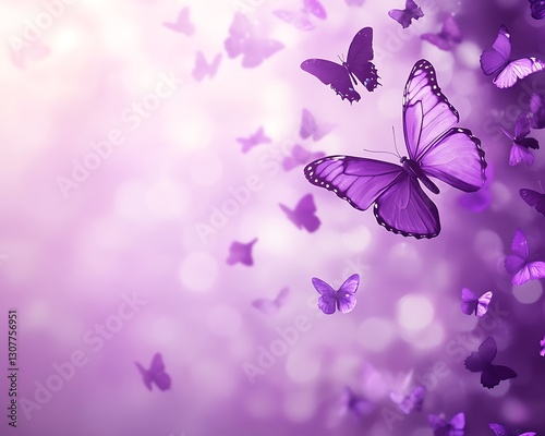 Purple butterflies fly in a dreamlike bokeh background
