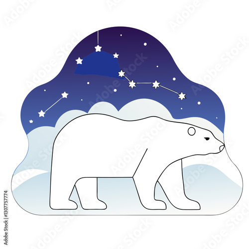 Polar bear icon under constellation stars, celestial nature concept