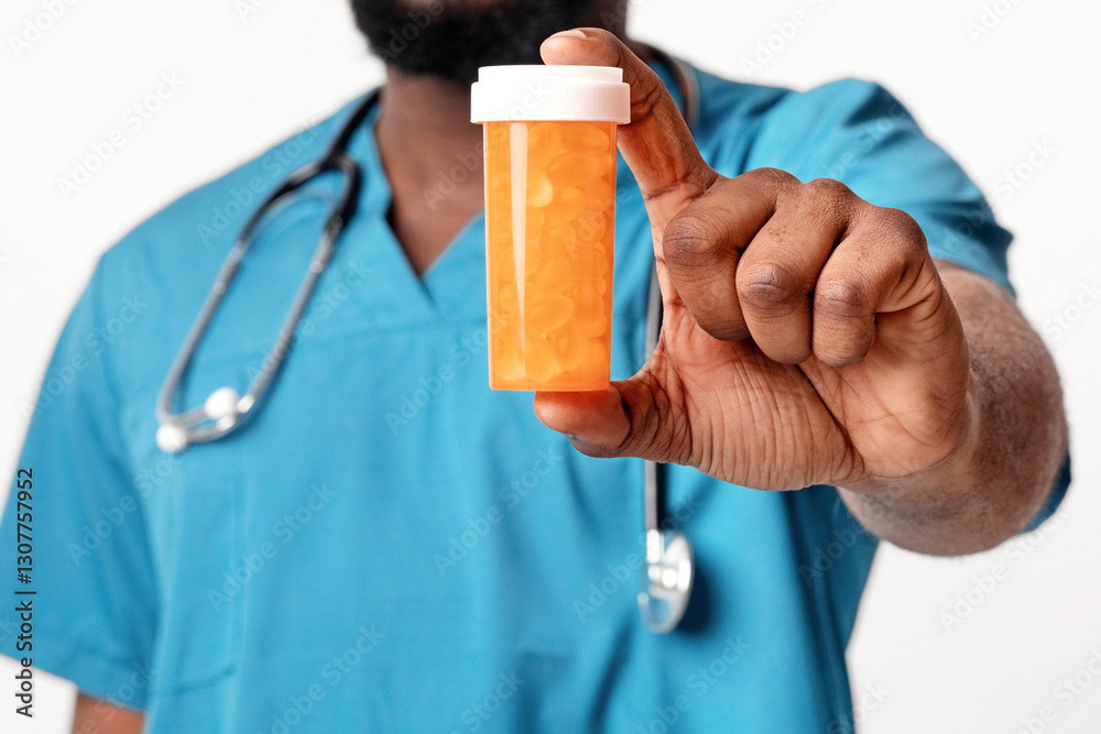 Cropped view of african man therapist in blue uniform with pill bottle on white studio background Cropped view of african man therapist in blue uniform with pill bottle on white studio background