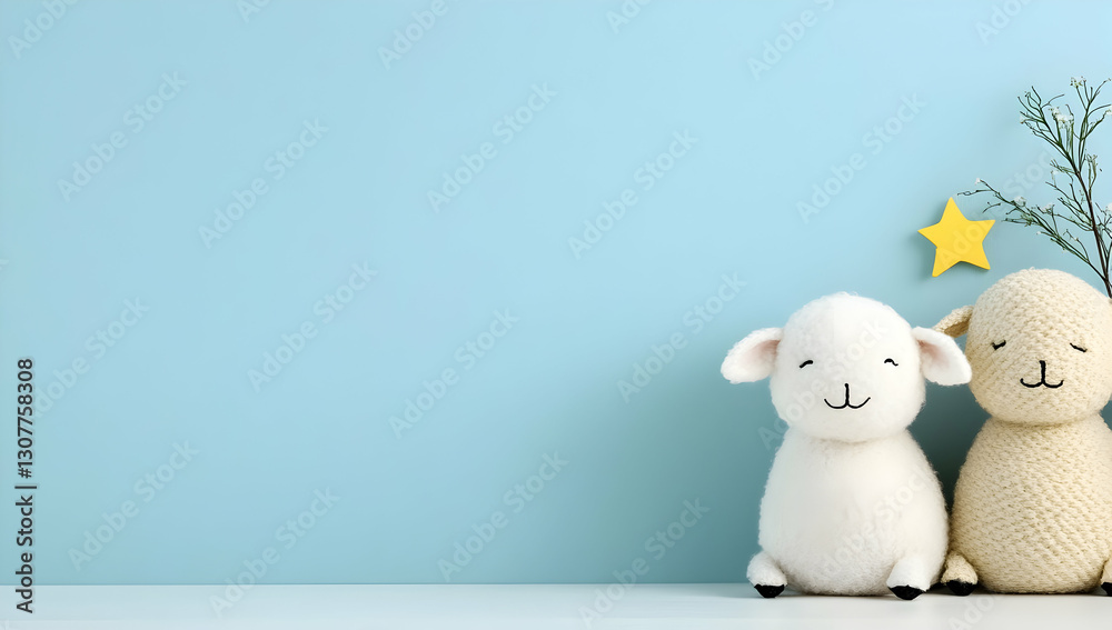 Two adorable plush lambs sit against a pastel blue background, near a small star and twig. Perfect for holiday cards, children's books, or websites Two adorable plush lambs sit against a pastel blue background, near a small star and twig. Perfect for holiday cards, children's books, or websites