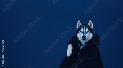 Majestic Malamute Sitting with Paw Raised on Navy Blue Background