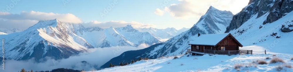 Cabin sits beneath the snow-covered mountains, rugged landscape, stillness, serene Cabin sits beneath the snow-covered mountains, rugged landscape, stillness, serene
