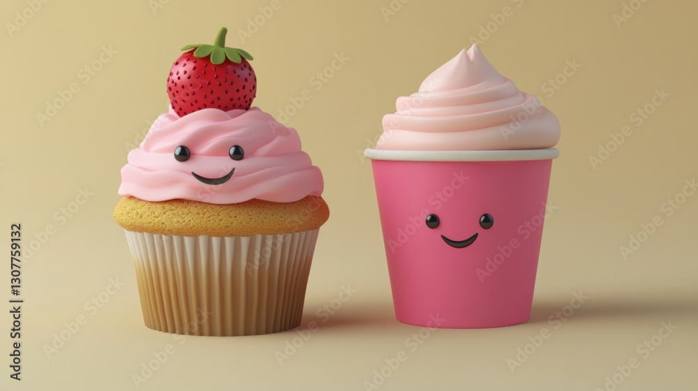 Cute cupcake and whipped cream cup with smiling faces. Cute cupcake and whipped cream cup with smiling faces.
