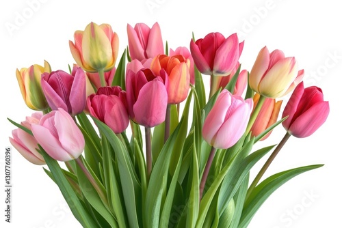 A vibrant bouquet of multicolored tulips, showcasing a delightful array of pink, red, and yellow blossoms.