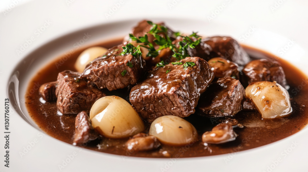 Close-up of beef bourguignonne with tender chunks and vegetables for culinary presentation Close-up of beef bourguignonne with tender chunks and vegetables for culinary presentation
