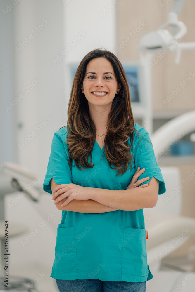 Portrait of smiling dentist posing with crossed arms in dental clinic Portrait of smiling dentist posing with crossed arms in dental clinic