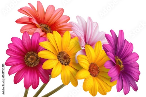 Vibrant bouquet of five Osteospermum flowers in pink, orange, and yellow shades, isolated on white.