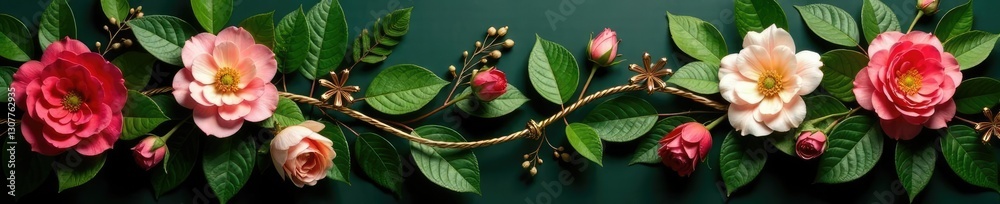 Fototapeta premium Gold-plated wire wrapped around a large floral garland, ferns, garland, leaves