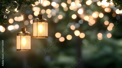 Two ornate lanterns hang from a tree branch at twilight, illuminated against a bokeh background of fairy lights; ideal for event, holiday, or romantic themes
