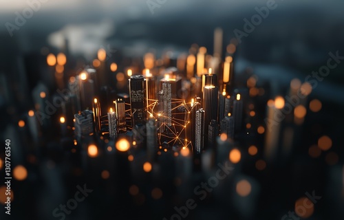 The financial district and business centers of Hong Kong Downtown are displayed in a smart city technology concept, featuring digital network connection lines, with a top view of high-rise buildings