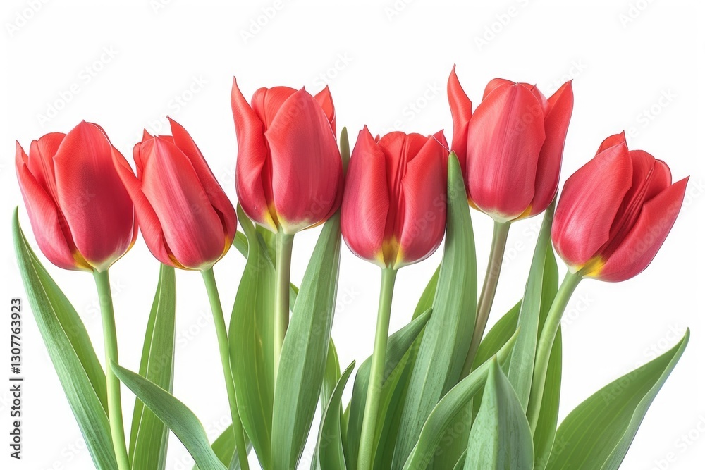 Five vibrant red tulips arranged in a row against a white background. Five vibrant red tulips arranged in a row against a white background.