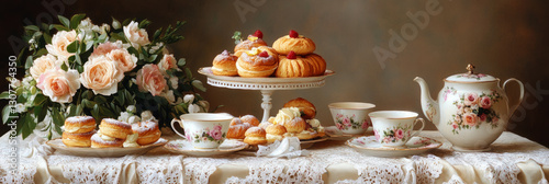 Wallpaper Mural A romantic vintage tea party table with floral teacups, a porcelain teapot, and tiered pastry trays on a lace tablecloth, featuring fresh flowers and a cozy, inviting atmosphere, banner Torontodigital.ca