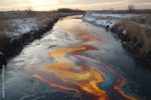 Pollution disrupts natural beauty of river with colorful oil stains at sunset photo