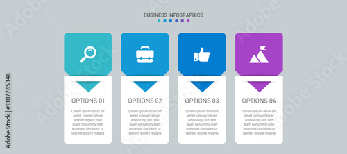 Horizontal progress bar featuring 4 arrow-shaped elements, symbolizing the four stages of business strategy and progression. Clean timeline infographic design template. Vector for presentation