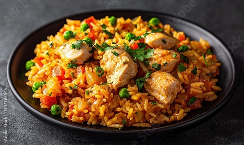 Delicious Arroz con Pollo with saffron-infused rice and vibrant vegetables served on a dark brown plate