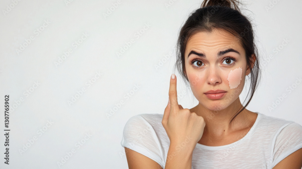 Concerned woman highlighting skin rash on arm for dermatology awareness and health education Concerned woman highlighting skin rash on arm for dermatology awareness and health education