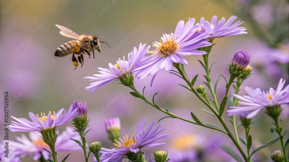 Bee Flying Among Purple Flowers in Slow Motion Closeup View Generative AI Bee Flying Among Purple Flowers in Slow Motion Closeup View Generative AI