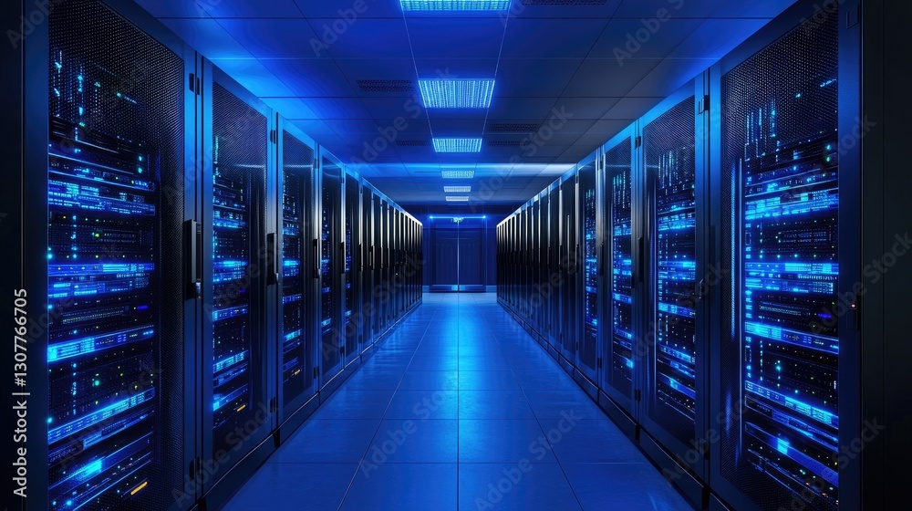 Fototapeta premium Advanced data center with rows of illuminated blue server racks in a high-security environment, ideal for cloud computing, cybersecurity, and IT infrastructure solutions