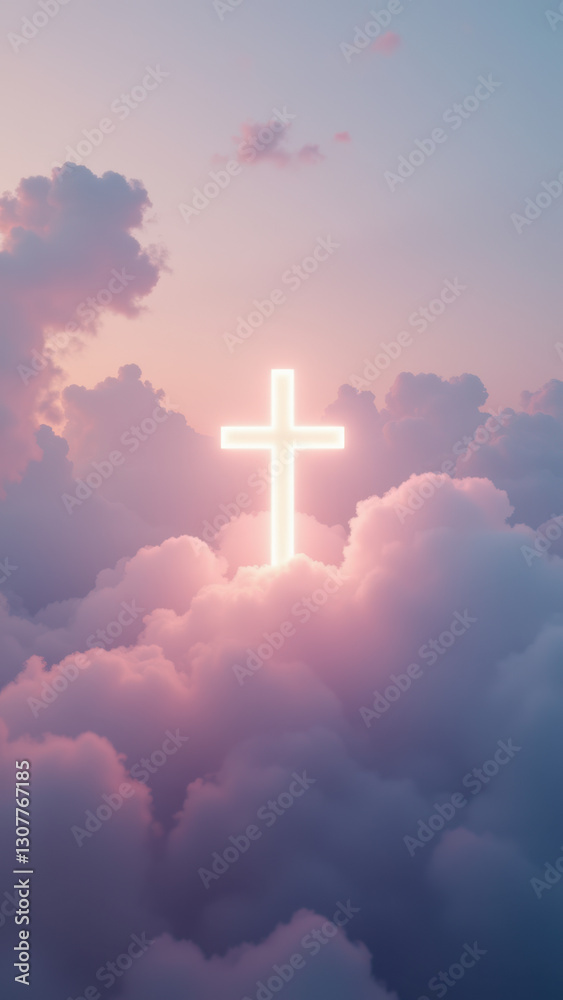 Ethereal Christian cross above clouds at sunrise. Ethereal Christian cross above clouds at sunrise.