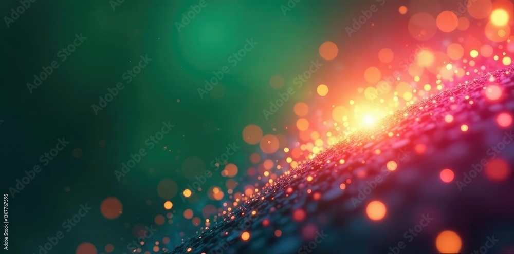 Shining yellow and pink particles radiate from a central point on an emerald green background, pink, focal point, emerald green Shining yellow and pink particles radiate from a central point on an emerald green background, pink, focal point, emerald green