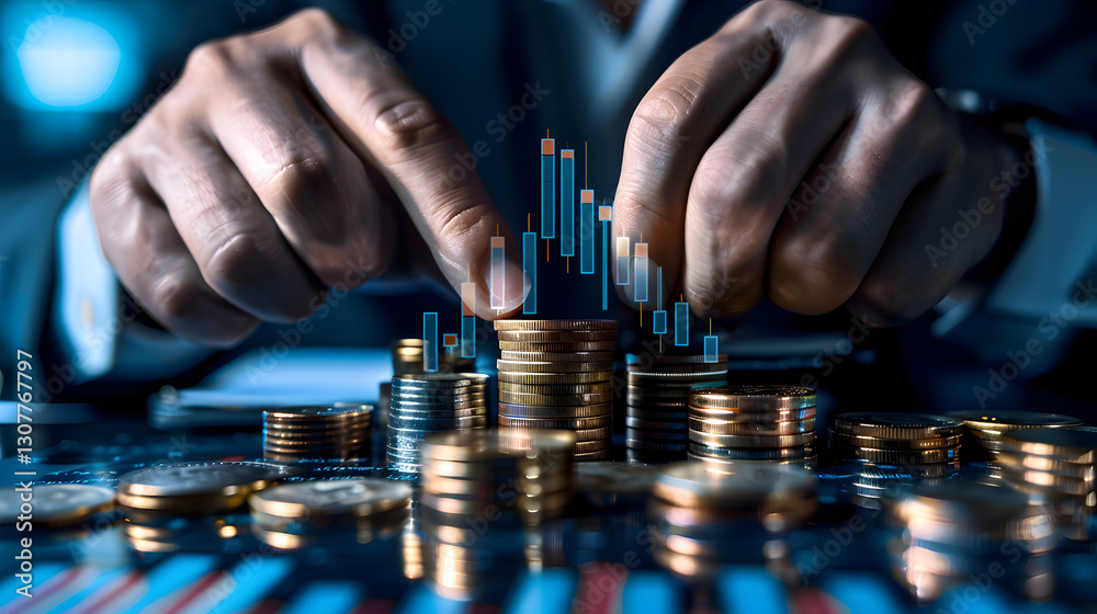 Businessman Holding Stacked Coins with Rising Financial Graph Businessman Holding Stacked Coins with Rising Financial Graph
