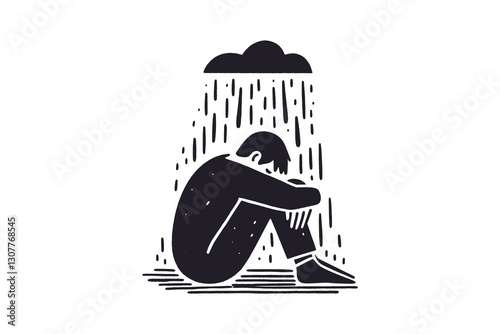 Sad man under rain, depression concept, line art vector