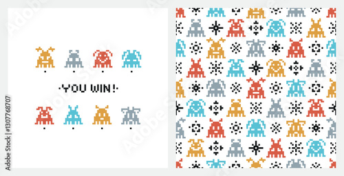 Kids Poster and Seamless Pattern of Retro Pixel Video Game Abstract Aliens Characters. Funny Space Monsters in Pixel Art Style. Old School Arcade Game Computer Graphic Design. Vector