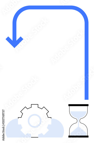 Gear, hourglass, and curving blue arrow visualizing workflow, efficiency, and time management. Ideal for productivity, planning, deadlines, process improvement automation organization flat simple