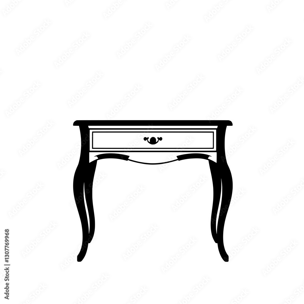 Line Drawing of a Small Table with Single Drawer and Cabriole Legs, style is classical and antique. Line Drawing of a Small Table with Single Drawer and Cabriole Legs, style is classical and antique.